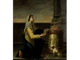 un tableau représentant une femme agenouillée à côté d'une urne et d'un chat