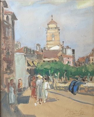 a painting of people walking down the street with umbrellas
