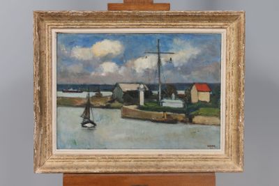 an oil painting of a sailboat in a harbor with a house in the background