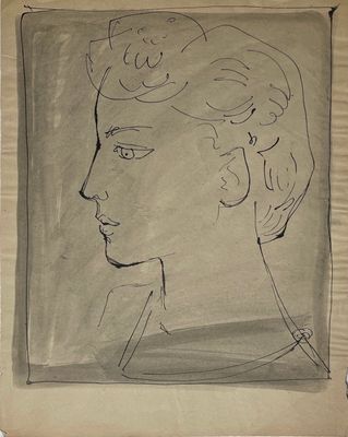 dessin représentant la tête d'une femme de profil sur une feuille de papier