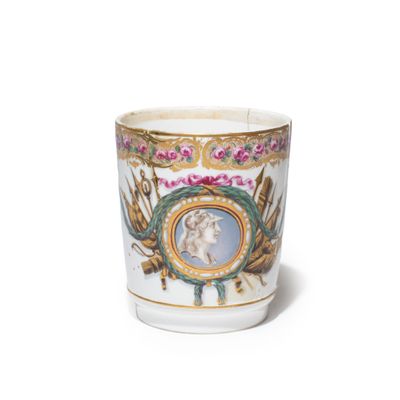 a close up of a cup with a picture of a woman on it