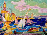 painting of sailboats in a harbor with a lighthouse in the background