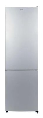 a silver refrigerator freezer sitting on top of a white counter