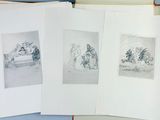 three pages of a book with drawings on them