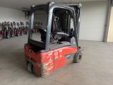 a red forklift truck parked in a garage