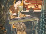 tableau représentant une femme assise à une table en train de jouer d'un instrument de musique