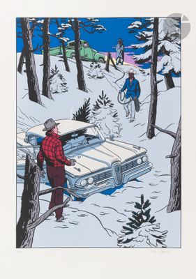 an image of a man standing next to a car in the snow