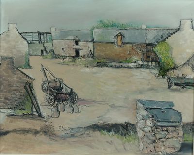 a painting of a horse drawn carriage in a village
