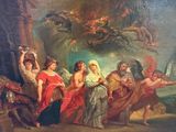 a painting on the wall of a room with a painting of a group of people