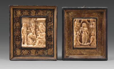 pair of carved ivory plaques of the nativity of jesus and mary