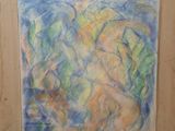 painting of a blue and yellow abstract painting in a wooden frame