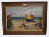 a painting of a man sitting on a bench next to a boat