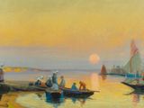 tableau représentant des personnes sur des bateaux sur une plage, avec le soleil couchant en arrière-plan