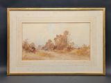 a painting of a landscape with a house in the distance