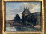 une image représentant un tableau d'un château au bord d'un plan d'eau