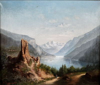 painting of a view of a mountain lake with a castle in the foreground