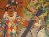 a painting of a woman playing a cello in front of a vase of flowers