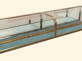 a glass display case with a blue carpet underneath it