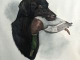 a painting of a dog holding a duck in its mouth