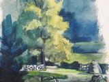 a watercolor painting of a tree in the middle of a field