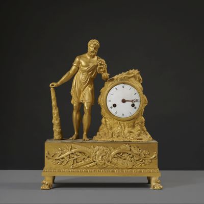 une image représentant une horloge en or et un homme tenant une canne
