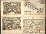 three old maps of a city and a river with people in it