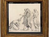 un dessin représentant un homme agenouillé à côté d'une femme en robe