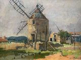 painting of a windmill in a field with a building in the background