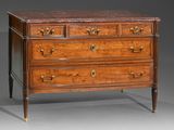 an antique chest of drawers with a marble top and brass pulls