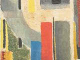 an image of a painting of a cityscape with a red fire hydrant in the foreground