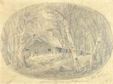 dessin au crayon représentant une cabane dans une zone boisée, entourée d'arbres