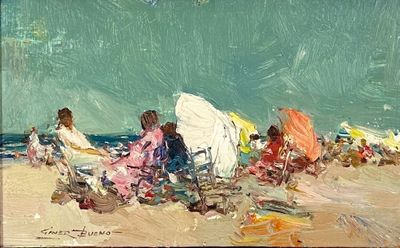 tableau représentant un groupe de personnes assises sur une plage sous des parasols