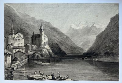 un dessin représentant un château au milieu d'un lac