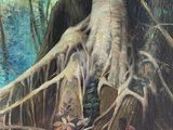 une peinture à l'huile représentant un grand arbre au milieu d'une forêt