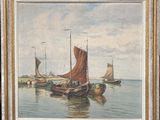 a painting of boats in the water with a sky background