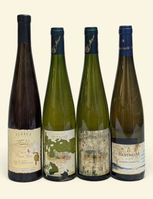quatre bouteilles de vin sont alignées sur une surface blanche