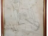 framed drawing of a man with a guitar and a bottle of wine