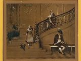 un tableau représentant une femme assise sur un banc devant un escalier