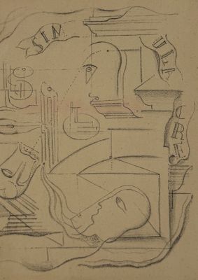 drawing of a woman sitting at a table with a guitar