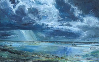 an oil painting of a cloudy sky over a body of water
