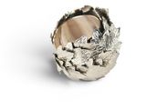 silver ring with leaves and leaves on it on a white surface