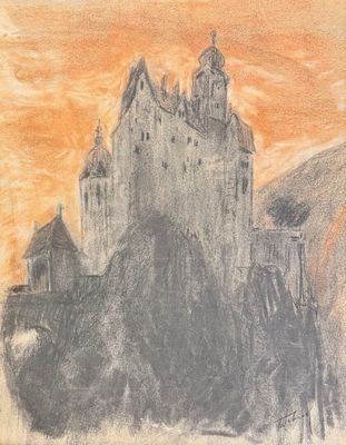 dessin représentant un château au milieu d'une montagne, avec le ciel en arrière-plan