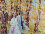 tableau représentant un homme et une femme se promenant dans une forêt