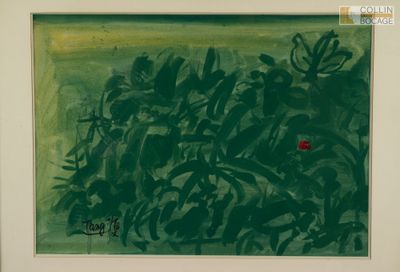 une image représentant un tableau d'une fleur rouge dans un cadre blanc