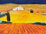 une peinture à l'huile représentant un champ avec une église au loin