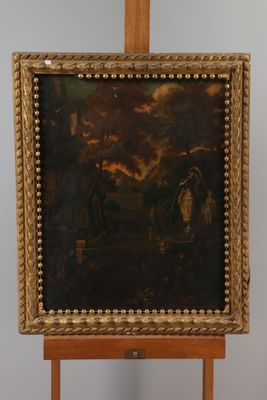 an old painting on a easel with a painting of a man and a woman