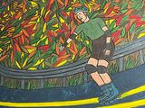a painting of a man riding a skateboard down a hill