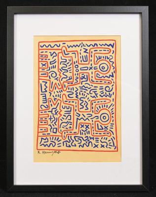 an image of a framed artwork of a square with blue, red and yellow letters