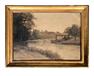 une vieille photo représentant un tableau où l'on voit une rivière avec un pont en arrière-plan