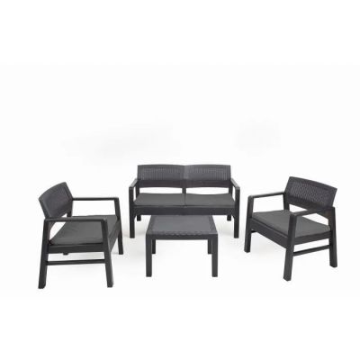 un ensemble de mobilier de jardin noir comprenant quatre chaises et une table basse